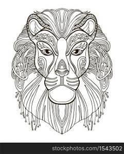 Vector coloring ornamental portrait of lion. Decorative abstract vector contour illustration isolated on white background. Stock illustration for adult coloring, design, print, decoration and tattoo.
