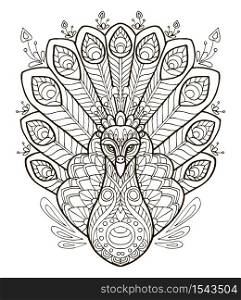 Vector coloring ornamental portrait of peacock. Decorative abstract vector contour illustration isolated on white background. Stock illustration for adult coloring, design, print, decoration and tattoo.