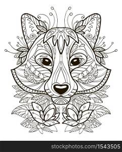 Vector coloring ornamental portrait of racoon. Decorative abstract vector contour illustration isolated on white background. Stock illustration for adult coloring, design, print, decoration and tattoo.