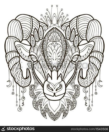 Vector coloring ornamental portrait of sheep. Decorative abstract vector contour illustration isolated on white background. Stock illustration for adult coloring, design, print, decoration and tattoo.