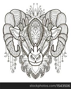 Vector coloring ornamental portrait of sheep. Decorative abstract vector contour illustration isolated on white background. Stock illustration for adult coloring, design, print, decoration and tattoo.
