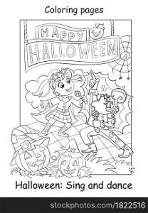 Vector coloring page children in costumes of retro singers sing on stage. Halloween concept. Cartoon contour isolated illustration. Coloring book for children, preschool education, print and game.. Coloring Halloween children in costumes of retro singers