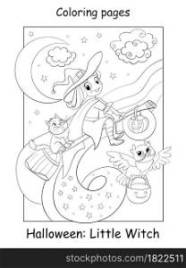Vector coloring page cute little witch flying on a broomstick with cat and owl. Halloween concept. Cartoon contour isolated illustration. Coloring book for children, preschool education,print and game. Coloring Halloween little witch with cat and owl