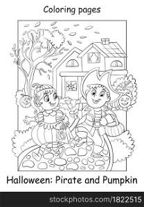 Vector coloring page funny children in costumes of pumpkin and the pirate. Halloween concept. Cartoon contour isolated illustration. Coloring book for children, preschool education, print and game.. Coloring Halloween children in costumes of pumpkin and pirate