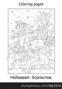 Vector coloring page funny children in costumes of scarecrow and crow. Halloween concept. Cartoon contour isolated illustration. Coloring book for children, preschool education, print and game.. Coloring Halloween children in costumes of scarecrow and crow