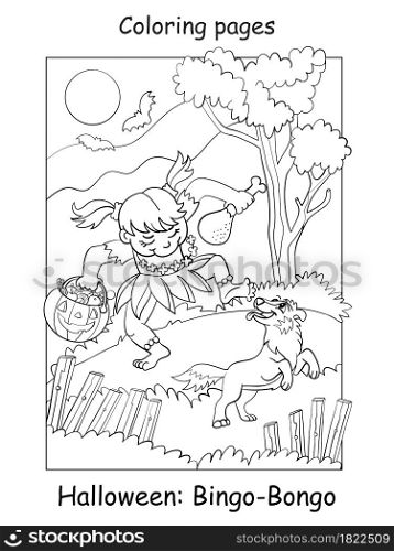 Vector coloring page funny girl in aborigine costume dancing with dog. Halloween concept. Cartoon contour isolated illustration. Coloring book for children, preschool education, print and game.. Coloring Halloween funny girl in aborigine costume