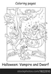 Vector coloring page funny vampire jumped out of a pumpkin and scared dwarf. Halloween concept. Cartoon contour isolated illustration. Coloring book for children, preschool education, print and game. Coloring vector illustration Halloween vampire and dwarf