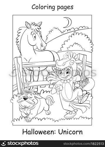 Vector coloring page girl with a dog in unicorn costumes and surprised horse. Halloween concept. Cartoon contour isolated illustration. Coloring book for children, preschool education, print and game.. Coloring Halloween girl with a dog in unicorn costumes