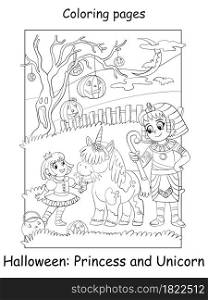 Vector coloring page kids in costume princess with a unicorn and an Egyptian. Halloween concept. Cartoon contour isolated illustration. Coloring book for children, preschool education, print and game.. Coloring Halloween princess with a unicorn and an Egyptian