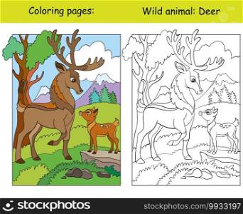 Vector coloring page with cute deers in mountain area. Cartoon isolated colorful illustration. Coloring book page and color template. For coloring book, design, preschool education, print and game.. Coloring book page and color template deers