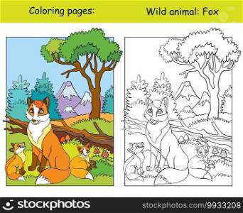 Vector coloring page with cute foxes in mountain area. Cartoon isolated colorful illustration. Coloring book page and color template. For coloring book, design, preschool education, print and game.. Coloring book page and color template foxes