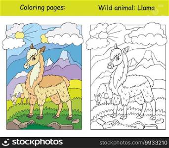 Vector coloring page with cute llama in mountain area. Cartoon isolated colorful illustration. Coloring book page and color template. For coloring book, design, preschool education, print and game.. Coloring book page and color template llama