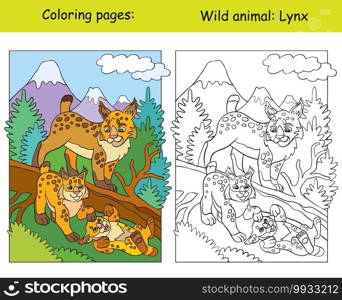 Vector coloring page with cute lynx in mountain area. Cartoon isolated colorful illustration. Coloring book page and color template. For coloring book, design, preschool education, print and game.. Coloring book page and color template lynx