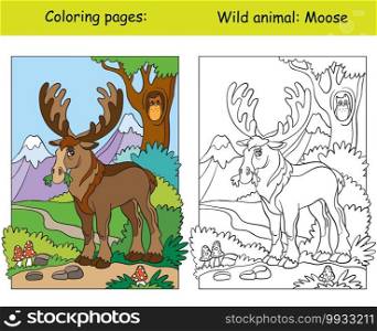 Vector coloring page with cute moose in mountain area. Cartoon isolated colorful illustration. Coloring book page and color template. For coloring book, design, preschool education, print and game.. Coloring book page and color template moose