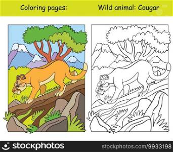 Vector coloring page with walking cougar in mountain area. Cartoon isolated colorful illustration. Coloring book page and color template. For coloring book, design, preschool education, print and game.. Coloring book page and color template cougar