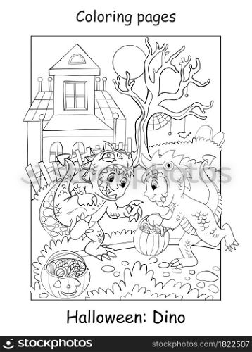 Vector coloring pages funny boys in dinosaur costume. Halloween concept. Cartoon contour illustration isolated on white background. Coloring book for children, preschool education, print and game.. Coloring Halloween funny boys in dinosaur costume