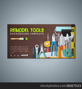 vector colourful flat design various house remodel construction tools isolated wood textured background banner templates&#xA;