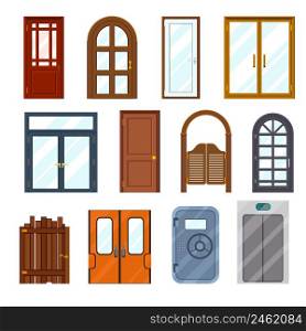 Vector colourful front doors set. Front architecture interior, wooden and colorful, doorway and exit illustration. Vector colourful front doors