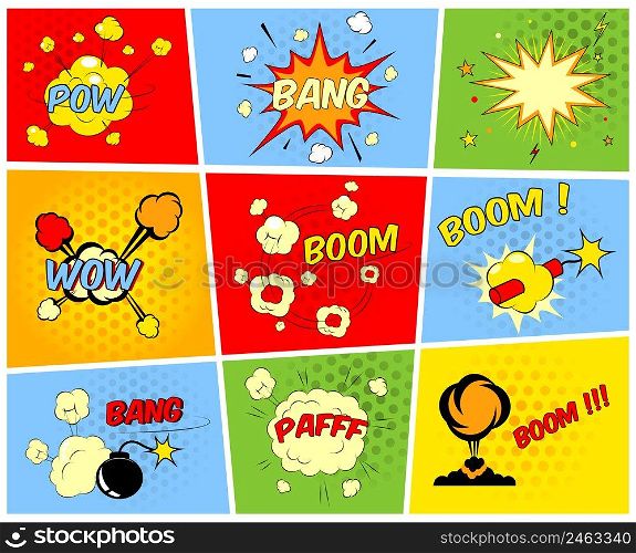 Vector comic boom or blast explosions and comic sound effects set
