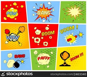 Vector comic boom or blast explosions and comic sound effects set