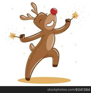Vector comic christmas card. happy holiday deer dancing with sparklers. happy holiday deer dancing with sparklers