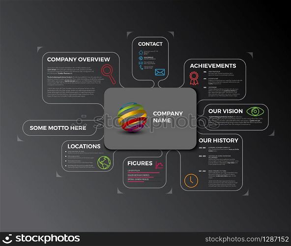 Vector Company infographic overview. Company profile design template - dark version