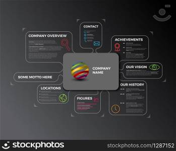 Vector Company infographic overview. Company profile design template - dark version