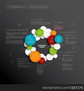 Vector Company infographic overview design template made from circles and icons - dark version. Vector Company infographic overview design template