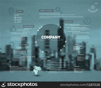 Vector Company infographic overview design template with city photo in the back - teal version