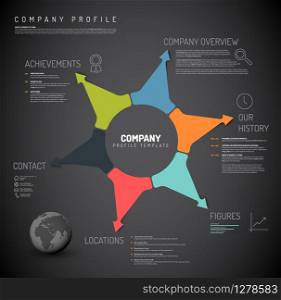 Vector Company infographic overview design template with colorful arrows and icons - dark version
