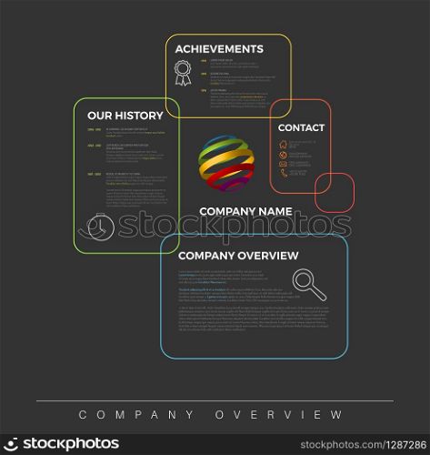 Vector Company infographic overview design template with colorful boxes - dark version. Company infographic overview design template