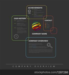 Vector Company infographic overview design template with colorful boxes - dark version. Company infographic overview design template