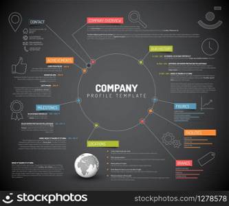 Vector Company infographic overview design template with colorful labels and icons - dark version
