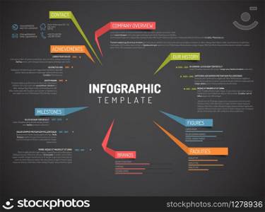 Vector Company infographic overview design template with colorful labels - dark version