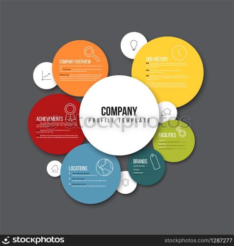 Vector Company infographic overview design template with content in the colorful circles - dark version