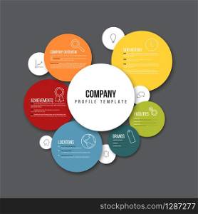 Vector Company infographic overview design template with content in the colorful circles - dark version