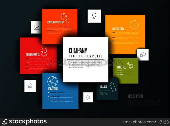 Vector Company infographic overview design template with content in the colorful squares - dark version. Vector Company infographic overview design template