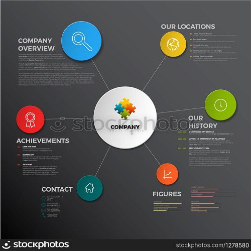 Vector Company infographic overview design template with icons - dark version