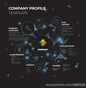 Vector Company infographic overview design template with network in the background - dark blue version