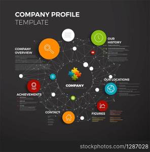 Vector Company infographic overview design template with network in the background - dark version