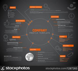 Vector Company infographic overview design template with orange labels and icons - dark version. Company infographic overview design template