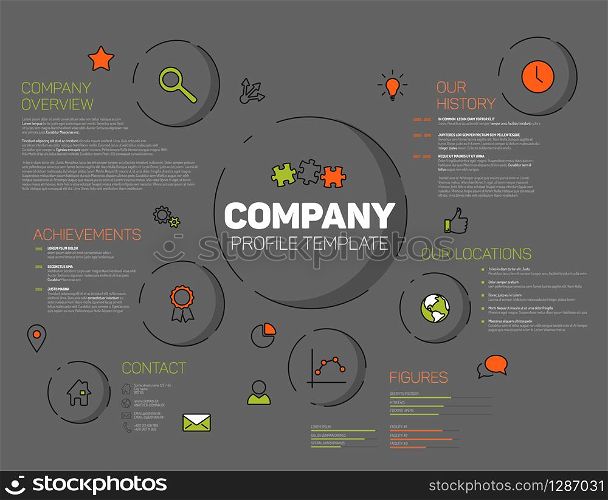 Vector Company infographic profile design template with modern hipster thin line icons - dark version