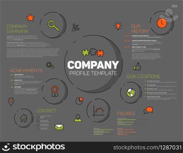 Vector Company infographic profile design template with modern hipster thin line icons - dark version