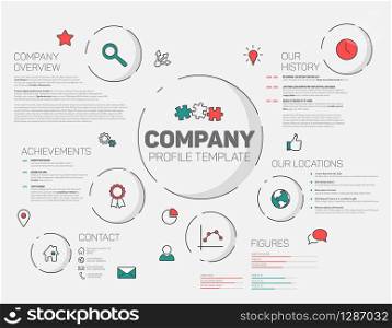 Vector Company infographic profile design template with modern hipster thin line icons (red and teal)