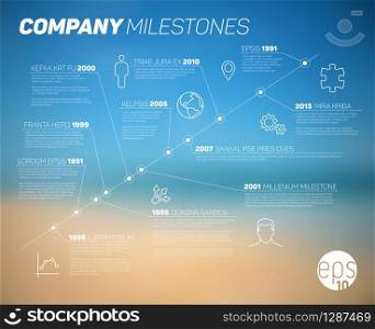 Vector company timeline infographic template with abstract blurred summer beach photo in the background. Vector company timeline infographic template