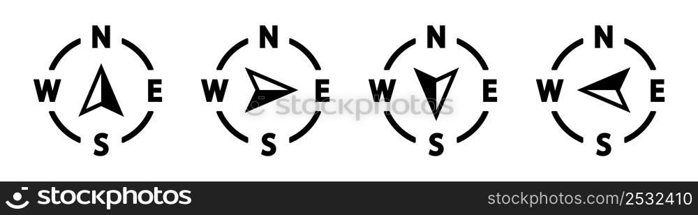 Vector compass icons of north, south, east and west direction. Map symbol. Arrow icon. Vector illustration. . Vector compass icons of north, south, east and west direction.