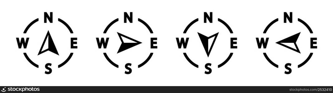 Vector compass icons of north, south, east and west direction. Map symbol. Arrow icon. Vector illustration. . Vector compass icons of north, south, east and west direction.