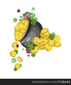 Vector composition. A pot of gold coins, clover leaves and flowers with stacks of gold coins with flowers and quatrefoils in the background to celebrate St. Patrick&rsquo;s Day. Transparent background