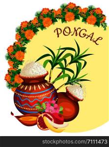 Vector composition for the holiday of Pongal. Rice pots with fruit and cane in the background on a pastel yellow circle surrounded by marigold bouquets. On a transparent background