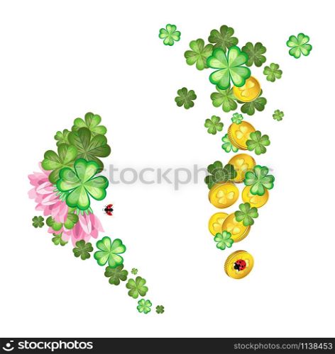 Vector composition of flowers and leaves of clover with gold coins. Isolated objects. Transparent background.